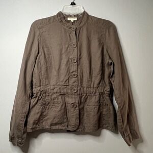 Eileen Fisher Linen Mandarin Collar Button Jacket Size M Petite Brown Minimalist